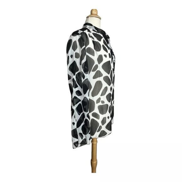 Talbots Pure Silk Shirt 18 Sheer Button Bell Long Sleeve Black White Abstract - Picture 3 of 8